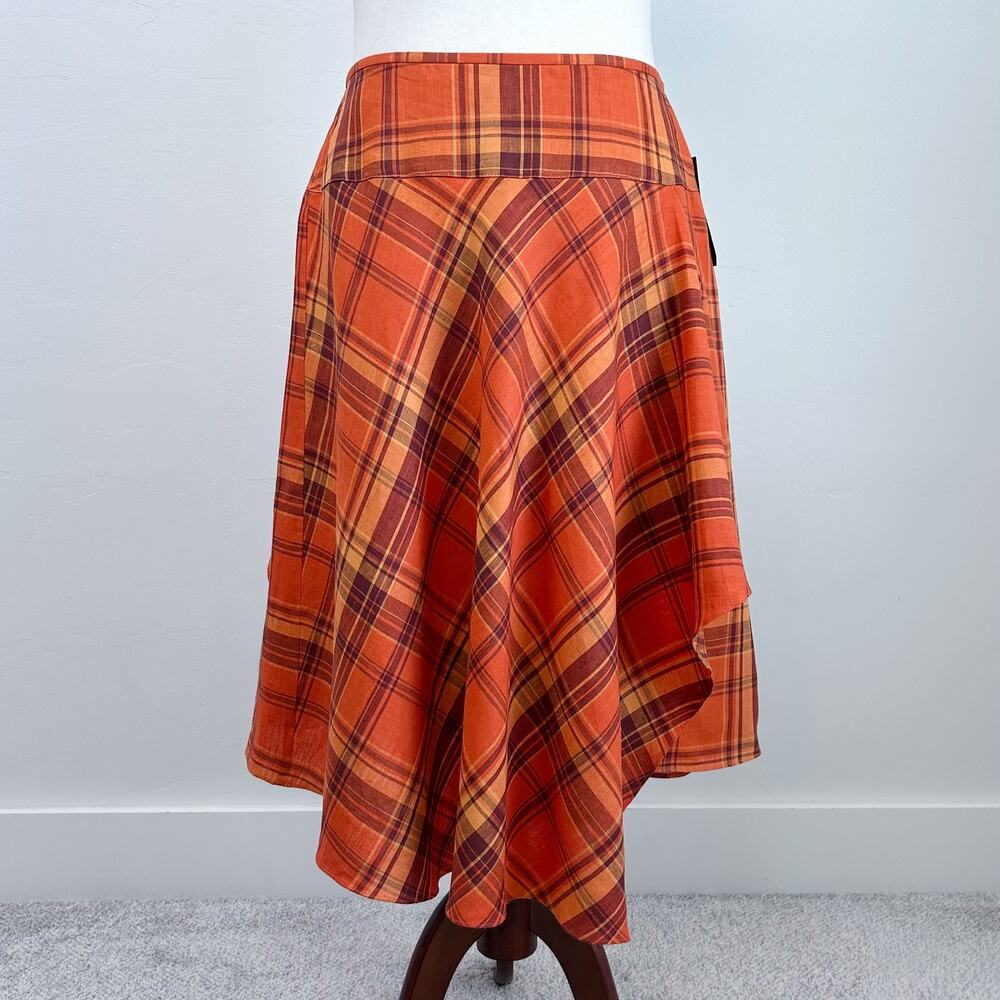 Kasper SIZE 16 100% Linen Orange Plaid Autumn Fall Asymmetrical Midi Skirt NWT